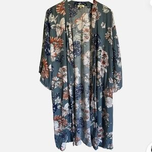 Kori America Blue/Green Floral Rayon Open Kimono Wrap Cover Up Boho Bohemian